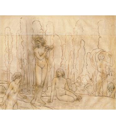 Figure femminili al bagno in un  paesaggio alberato